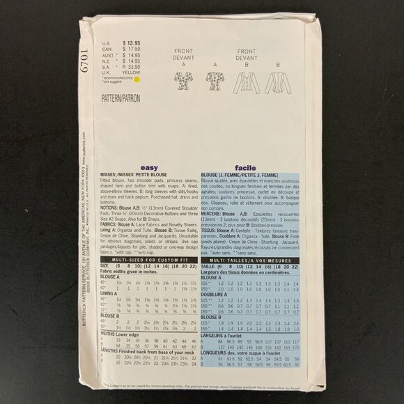 Vintage Butterick 6701 Retro 1943 Misses Blouse Sewing Pattern Uncut 18-22 - Picture 2 of 3